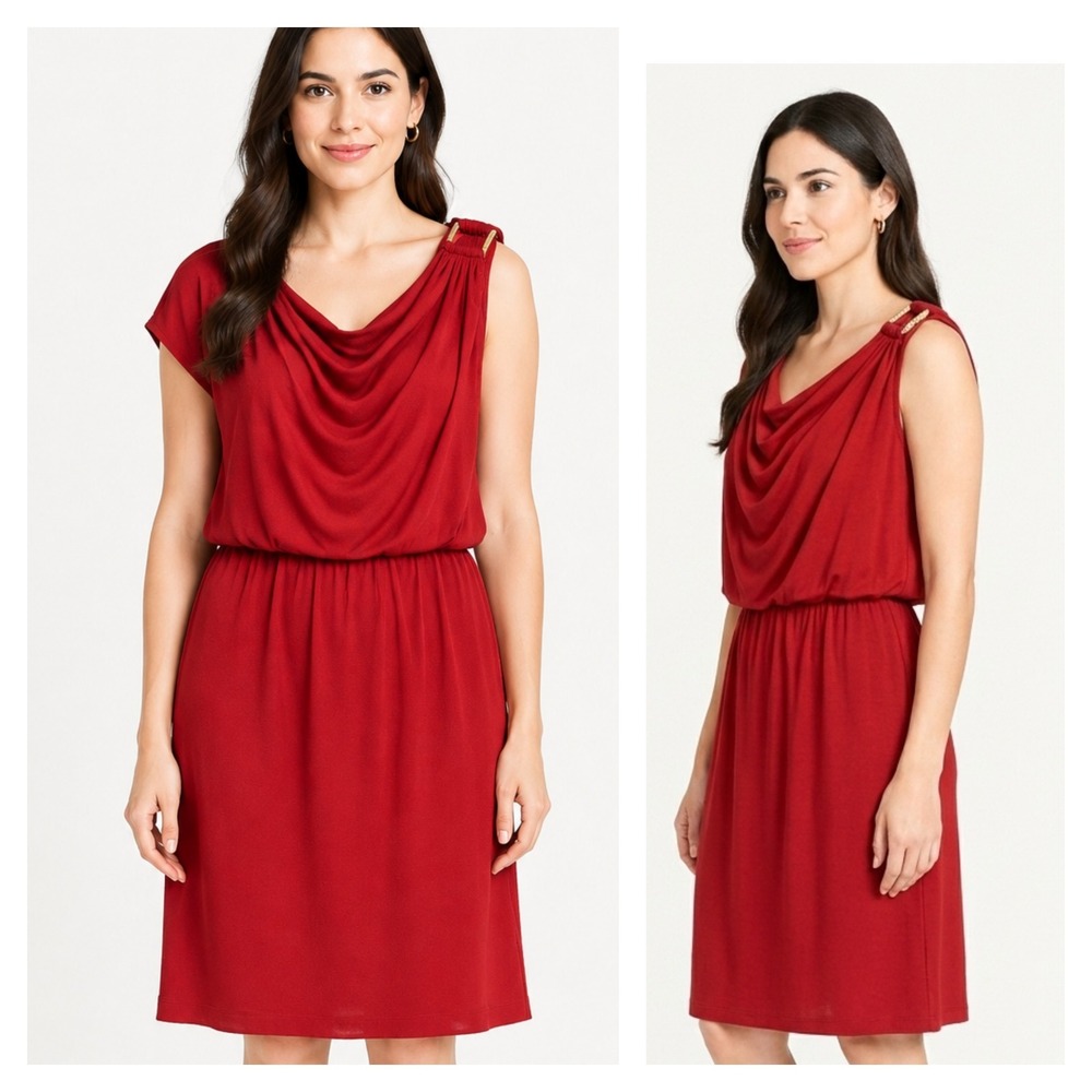 London Times Blouson Dress Womens 14 Ruby Cowl Neck Empire Waist Sleeveless NWT